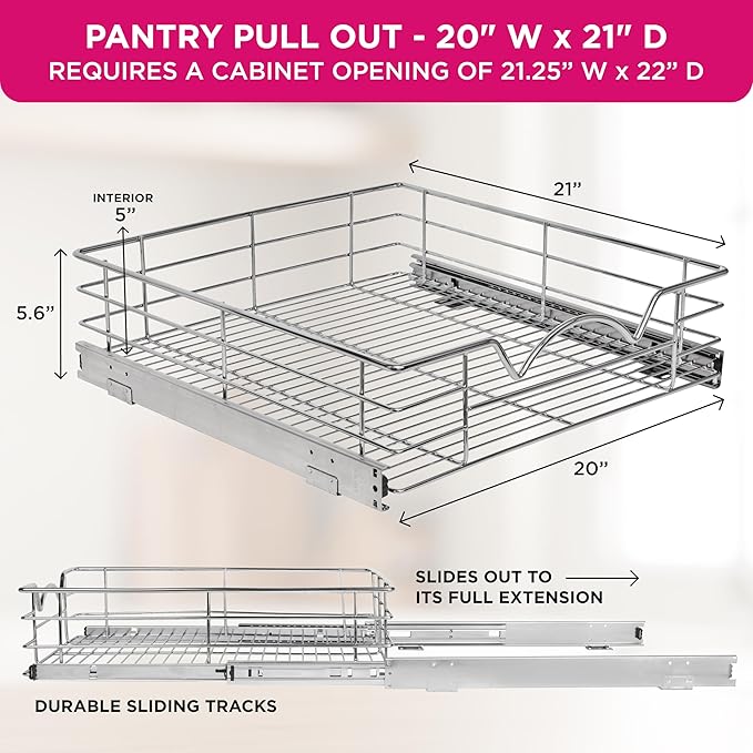 HOLDN’ STORAGE Pull Out Cabinet Organizer, Slide Out Drawer for Kitchen Cabinets & Pantry, Roll Out Shelf for Pots, Pans & Under Sink Storage, Heavy-Duty Full-Extension, 20" W x 21" D x 5" H