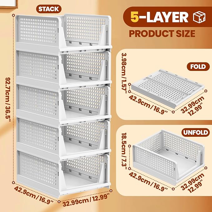 Mavivegue 5 Pack Stackable Closet Storage, Plastic Drawer Basket,Closet Organizers Storage Box for Cupboard,Bedroom, Kitchen, Bathroom, Office White