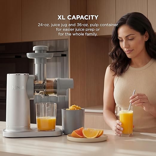 Ninja NeverClog Cold Press Juicer | Powerful Electric Slow Masticating Juicer with Pulp Control | XL Capacity | 24 oz. Juice Jug & 36 oz. Pulp Container | Dishwasher Safe | Gray | 150W | JC151SL