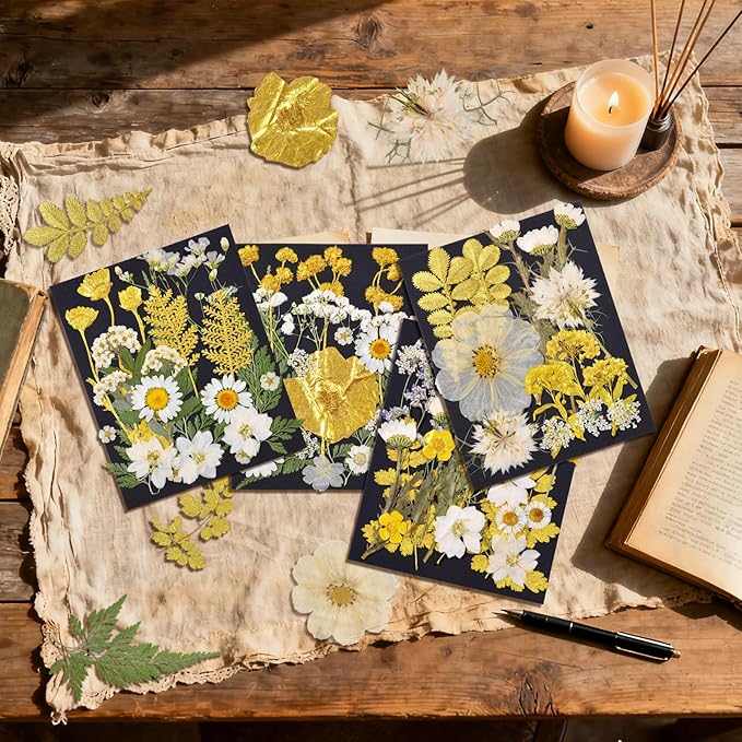 85 Pcs Dried Flowers for Crafts, Real Natural Dried Pressed Flowers in Golden & White for Resin, DIY Art, Jewelry, Candle & Soap Making – Tweezers Included