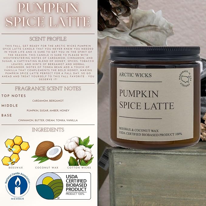 Pumpkin Spice Latte Candle | Arctic Wicks Scented Coconut & Beeswax Candles | 16oz Amber Non-Toxic Fall Decor Candles Gifts Pumpkin Spice for Autumn | USDA Certified Biobased