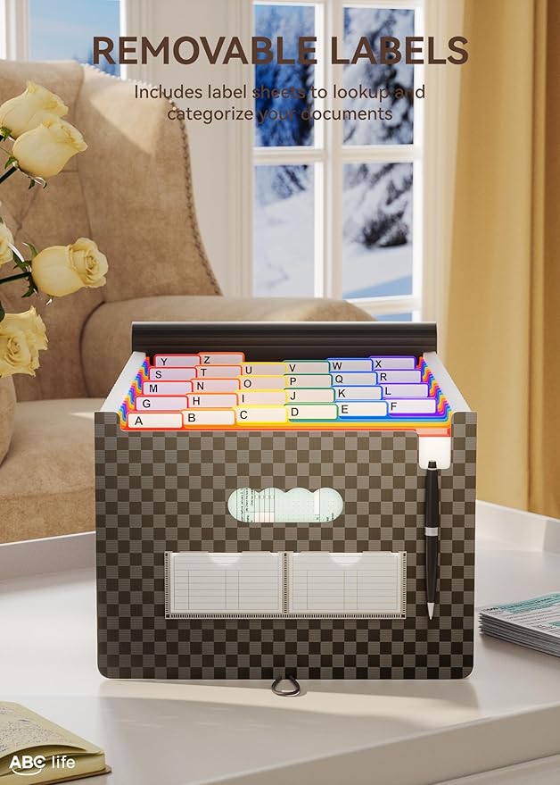 ABC life 26-Pocket Accordion File Organizer, High Capacity Expandable Monthly Bill & Receipt Holder with Colored A-Z Tabs, Portable Folder Organizer for Home Office School, Fits Letter/A4 Size