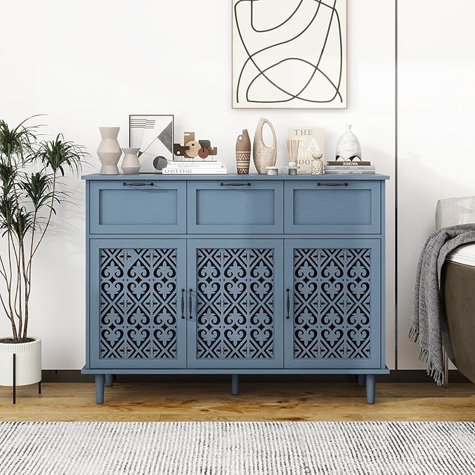 Blue 3 Doors 3 Drawers Buffet Sideboard Cabinet - Accent Cabinet with Adjustable Shelves，47 Inch Wide Wood Storage Cabinets for Dining Room,Living Room and Kitchen