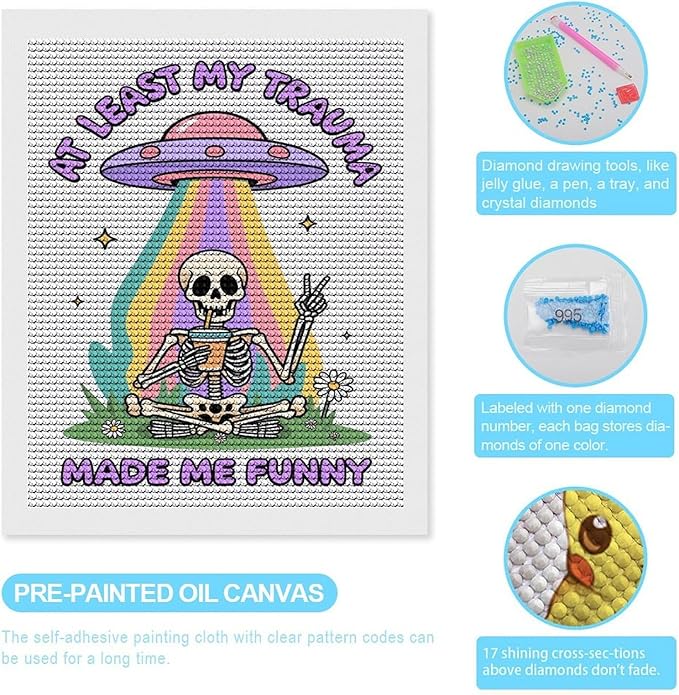 KIVJMSIDJA Diamond Art Kits for Adults Skull Skeleton “At Least My Trauma Made Me Funny” DIY Round Diamond Art for Home Wall Decor & Crafts Gifts 16"x20"