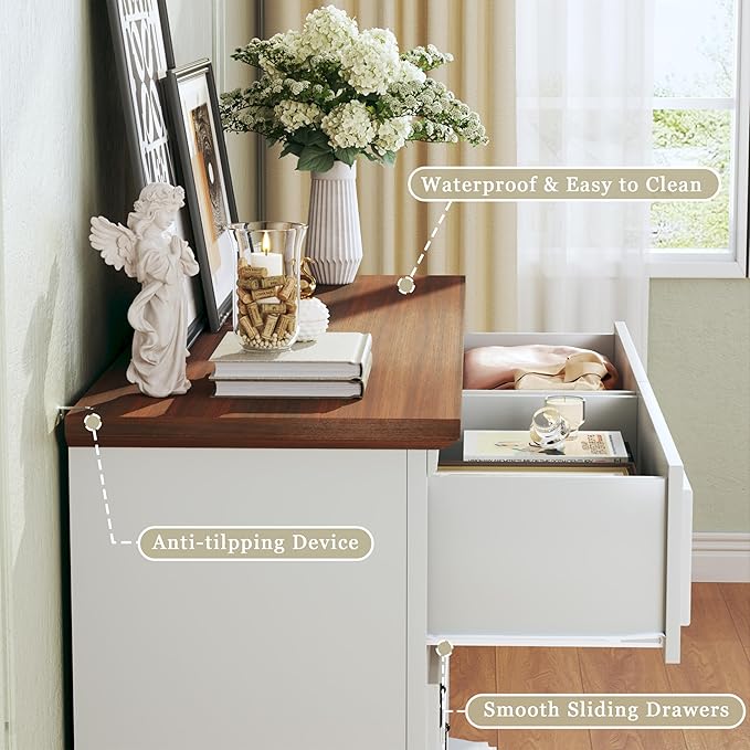 HUAHUU Farmhouse 6 Drawer Dresser for Bedroom, 47" Wide Chest of Drawers with Roman Column, White Wood Dresser with Antique Bronze Circle Handles, Storage Organizer for Living Room, Hallway, Entryway
