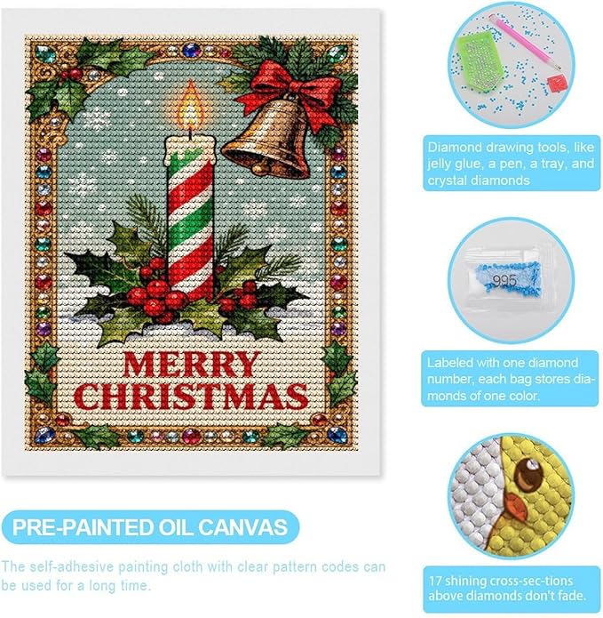 AIVKIEJK Diamond Painting Kits for Adults - Merry Christmas Candle & Holly Accents Painting DIY 5D Full Drill Diamond Dots Paintings with Diamonds Gem Art and Crafts Home Decor 16"x20"