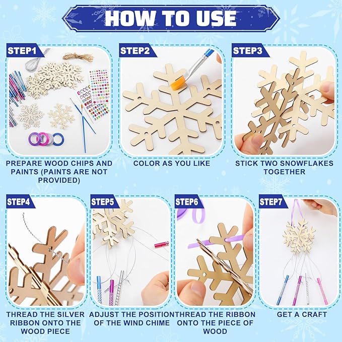 MiniInflat 36 Sets Winter Snowflakes Wind Chime Kit DIY Crafts Make Your Own Wooden Wind Chime Arts and Crafts DIY to Paint Snowflake Craft for Making Kit Supplies