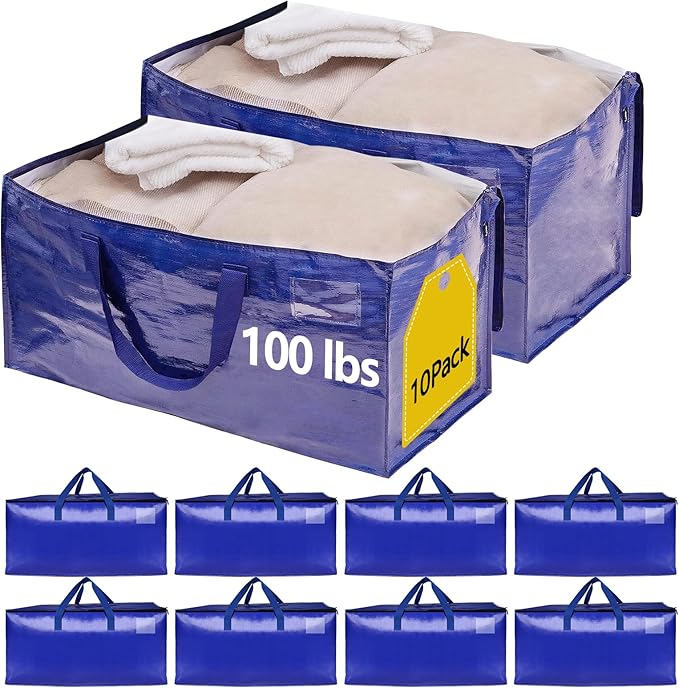 10 Pack Waterproof Moving Bags with Strong Zippers and Reinforced Handles, Real 100lb Capacity Extra Heavy Duty Large Storage Totes for Packing & Moving Storing, Alternative to Moving Boxes -95L,Blue