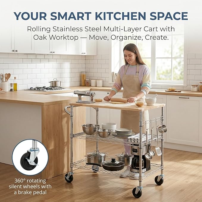 Finnhomy 3-Tier Rolling Kitchen Cart with 18" D x 36" W Oak Wood Tabletop, Kitchen Island Cart with 4" Wheels and Slider Shelf, Microwave Cart & Coffee Cart with Hooks for Dining Room, Chrome