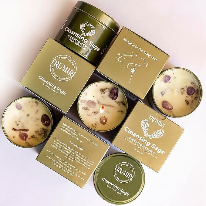Sage Candle for Cleansing House Negative Energy Smudge Kit - 5oz Soy Wax Natural Clean Organic Non Toxic - Aromatherapy Spiritual Meditation Gifts - Long Lasting Highly Scented Candel with Crystals