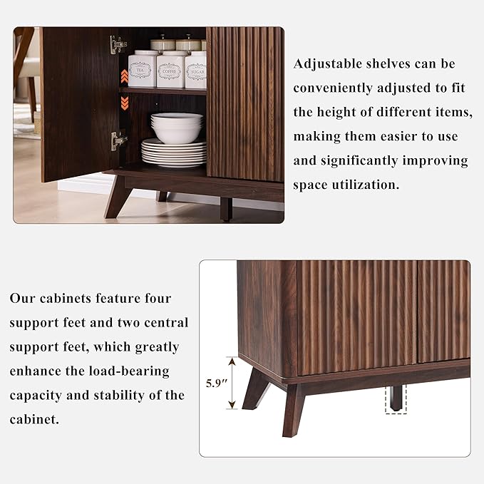 OKD Fluted Storage Cabinet with Drawers, 60" Morden Buffet Sideboard Coffee Bar Cabinet with 4 Doors and 3 Drawers for Dining Room, Living Room,Hallway (Dark Walnut)