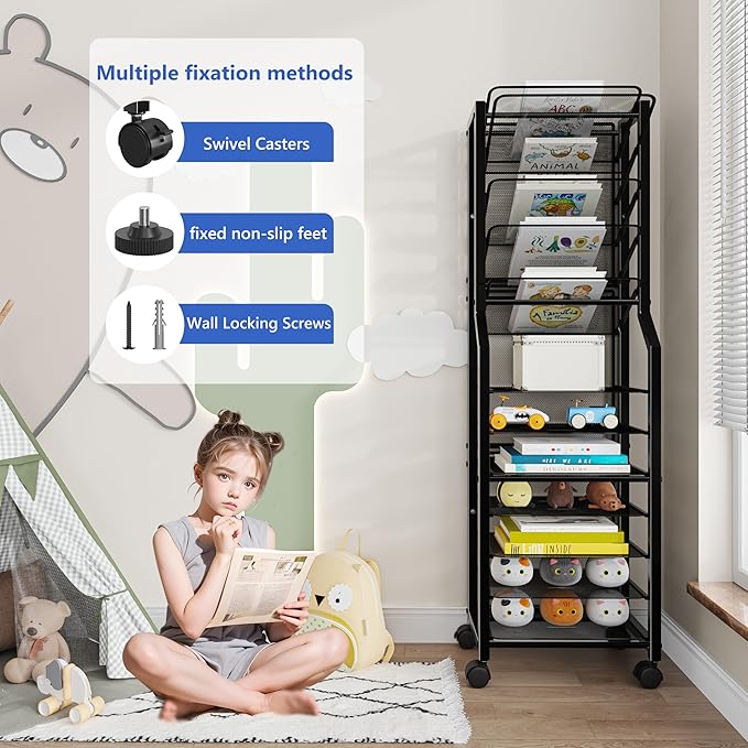 Simple Trending 12 Tier Rolling File Cart,Desk File Organizer with Sliding Trays and Wetal Mesh Paper Letter Storage Multi Functional Rolling Clutter Cart for Office, Home, School, Black