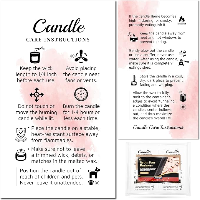200 pack - Premium Handmade Candle Care Instruction Cards Pink White 2x3.5 in, Small Business | Soy Bees Wax Melt, Candle Makers, Making Supplies Kit Set, Containers, Jars, Package