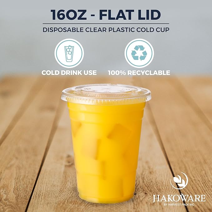 [200 SET]Harvest Pack 16 oz Iced Coffee Cup, Ultra Clear Disposable Plastic Cold Cups with Flat Lids, for Cold Drinks Iced Coffee Tea Juices Smoothies Slushy Soda Cocktails Beer