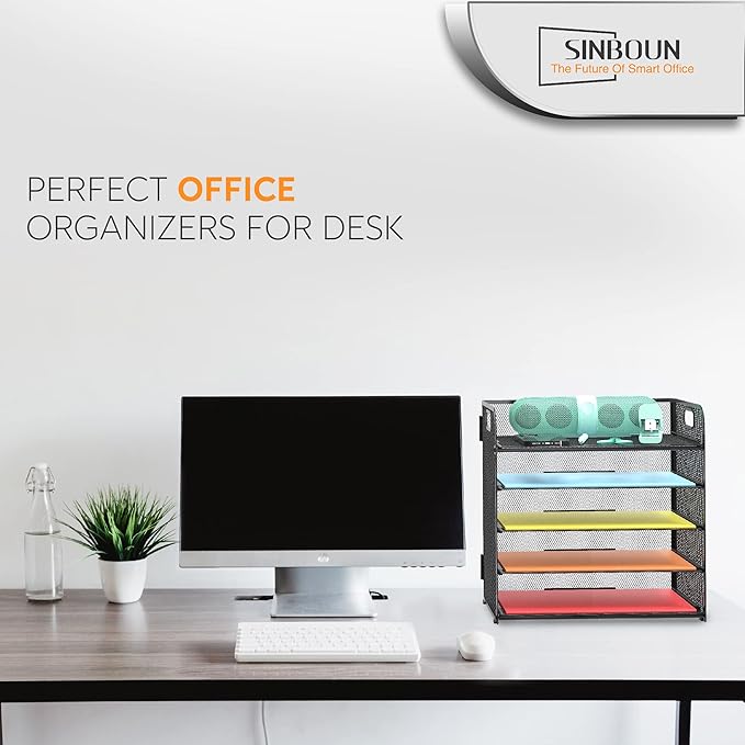 2 Pack Letter Tray 5-Tier Desk Organizer File Paper Holder with Handle, Metal Desktop Document Shelf Tray Office Classroom Organization - Black