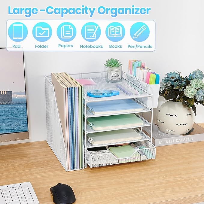 Desk Organizer, 5-Tier Paper Letter Tray Organizer with File Holder, Drawer and Pen Holder, Desktop Organizer for Office Supplies, White