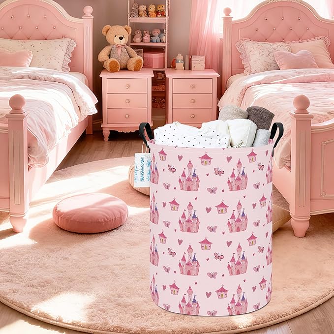 LANGYASHAN Girl Laundry Basket Canvas Fabric Collapsible Organizer Basket for Storage Bin Toy Bins Gift Baskets Bedroom Clothes Children Nursery Hamper (Pink Castle)