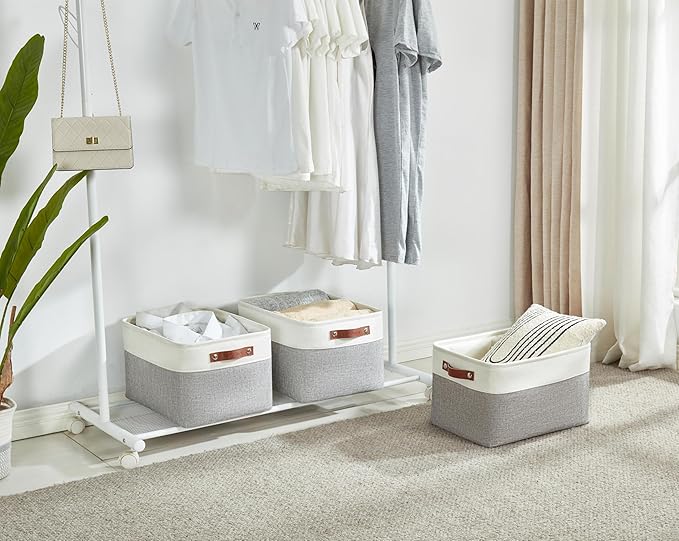 DECOMOMO Storage Baskets for Shelves - Fabric Storage Bins, Linen Closet Organizers and Storage (Grey & White, Large - 1 Pack)