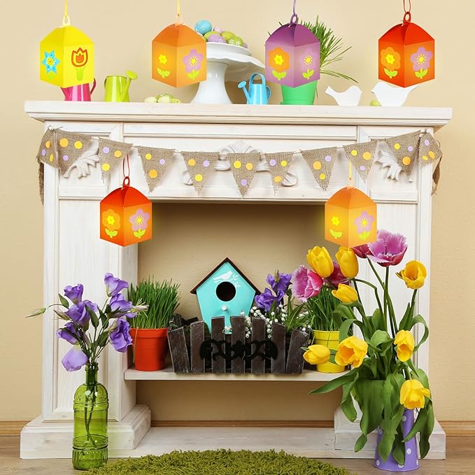 Simgoing 12 Sets Spring Flower Crafts with LED Lights DIY Mother's Day Crafts Lanterns Kits Colorful Flower Tissue Paper Suncatchers for Mother's Day Window Home Decor Spring Summer Activities