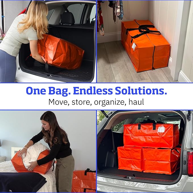 DURASACK Heavy Duty Moving Bag Storage Container Duffle Bag with Zipper, Reinforced Carry Straps and Backpack Straps, Made of Rugged Woven Polypropylene, Pack of 4, Orange
