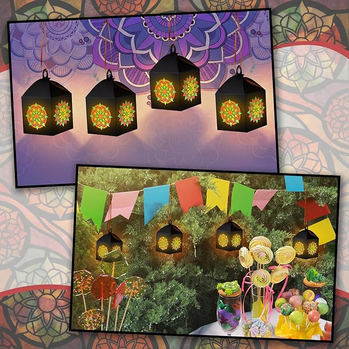 Simgoing 24 Sets Mandala Crafts with LED Candle Light Mandala Flower Tissue Paper Crafts Kits DIY Your Own Suncatchers Lanterns Hanging for Home Birthday Party Decoration Gifts Art Activities