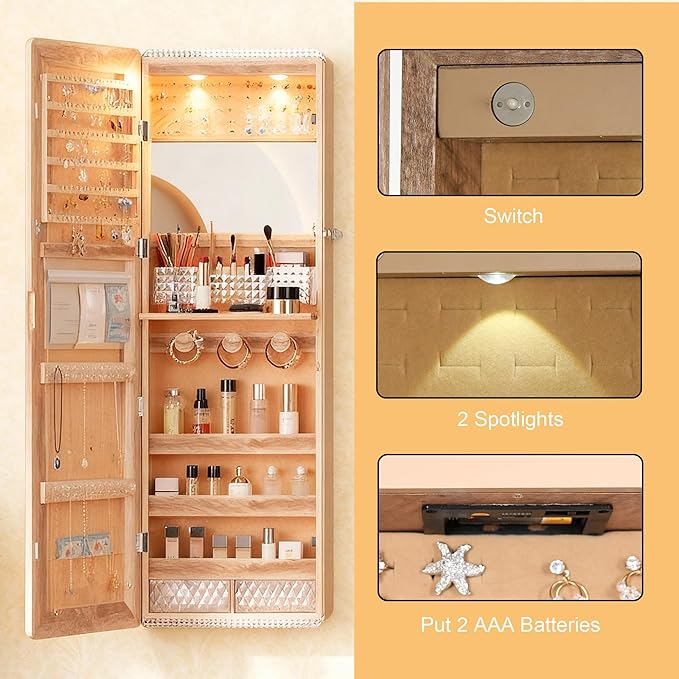 Lvifur 47.2" LED Jewelry Mirror Cabinet,Lockable Wall/Door Mounted Full Length Mirror with Storage, Over the Door Hanging Jewelry Organizer-2 Drawers,Foldable Shelf, Built-in Lighted Mirror (Wood)
