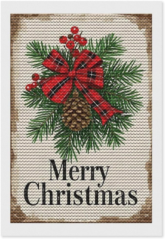 AIVKIEJK Diamond Painting Kits for Adults - Merry Christmas Holly, Pine Cones & Red Plaid Bow Painting DIY 5D Full Drill Diamond Dots Paintings with Diamonds Gem Art and Crafts Home Decor 8"x12"