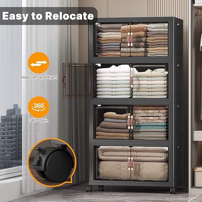 Stackable Storage Bins with Lids & Wheels & Door, Foldable Collapsible Closet Organizers, Extra Large Plastic Storage Drawers for Bedroom Dorm Office Garage (Dark-112QT, 5Pack with 1 top lid)