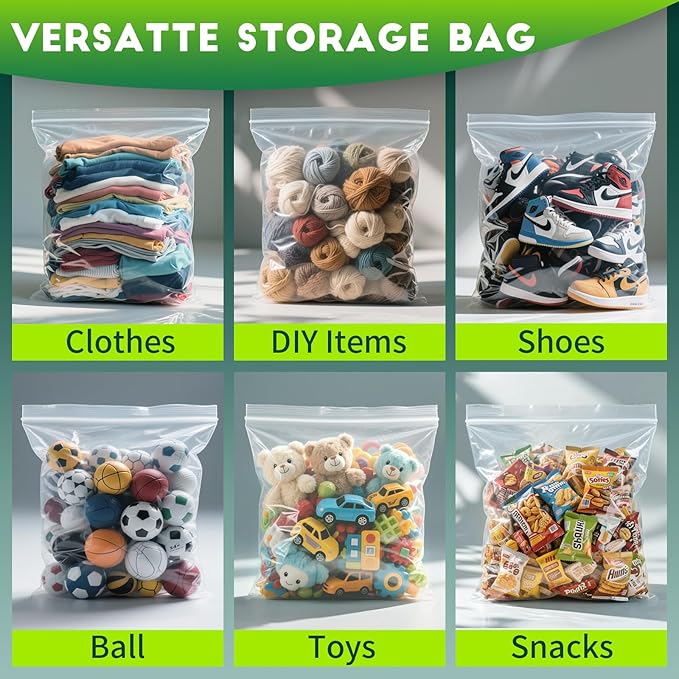TUXIYA 15PACK 10 Gallon Extra Large Zipper Plastic Bags for Storage 24'' x 24'',Extra Large Clear Zipper Bags Reusable for Clothes, Home Moving, Travel, Camping, Thick 6 Mil