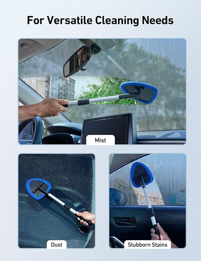 AstroAI Windshield Cleaning Tool, Car Window Cleaner Windshield Cleaner with 8 Reusable and Washable Microfiber Pads and Extendable Handle Auto Inside Glass Wiper Kit, Blue, 2 Pack