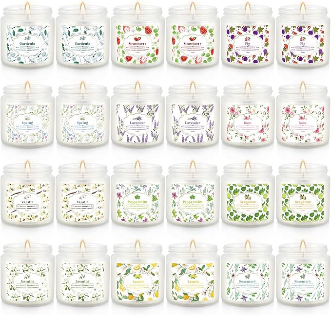 Scented Candle Set 24 Pack,White, Candle for Home Scented, Odor Eliminating, Stress Relief, Long Lasting Soy Wax Gift Set