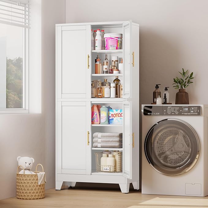 75" H Tall Kitchen Pantry Cabinet, Pantry Storage with Doors and 3 Adjustable Shelves, Metal Storage, Cupboard for Kitchen, White