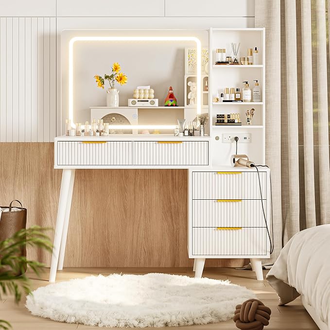 Vanity Desk with Mirror and Lights, Makeup Vanity Desk with Power Outlet, Makeup Desk with 5 Drawers&Storage Shelves, Vanity Table 3 Color Modes Adjustable Brightness Dressing Table Set for Bedroom