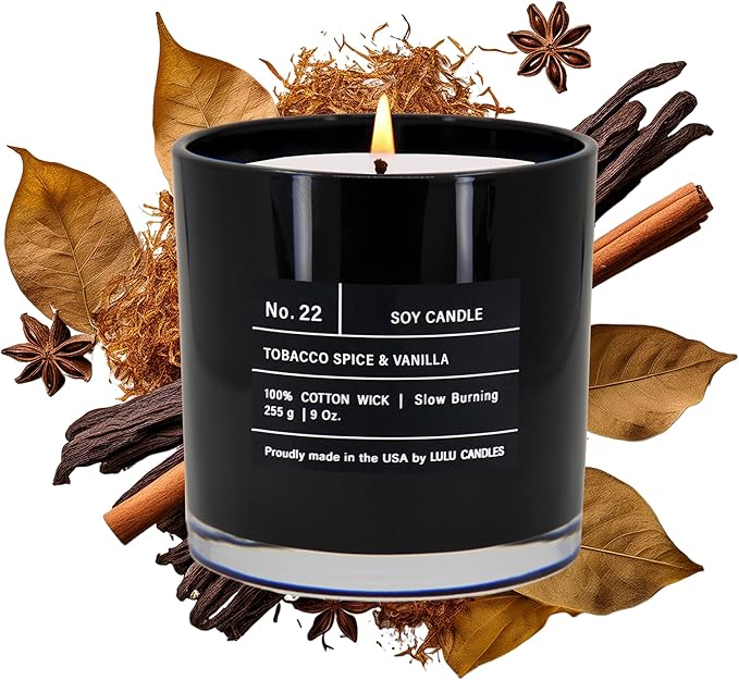 Lulu Candles | Tobacco, Spice & Vanilla | Luxury Scented Soy Jar Candle | Hand Poured in The USA | Highly Scented & Long Lasting (9 Oz.)