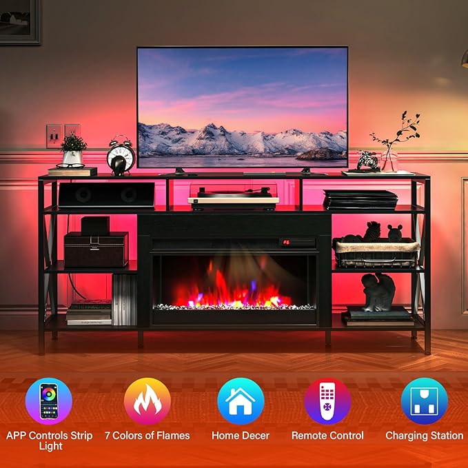 TC-HOMENY 60" TV Stand with 27.5" Electric Fireplace, TV Console with Power Strip for TVs Up to 70", Entertainment Center Storage Cabinet and LED Strip Lights with Remote Control Living Room Black