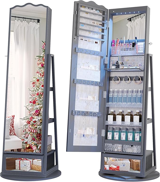 Lvifur 360° Rotating LED Jewelry Armoire w/Full Length Mirror, Large Capacity Jewelry Organizer Armoire w/Lights, Lockable Floor Standing Mirror Cabinet with Storage Shelves for Bedroom, Cloakroom