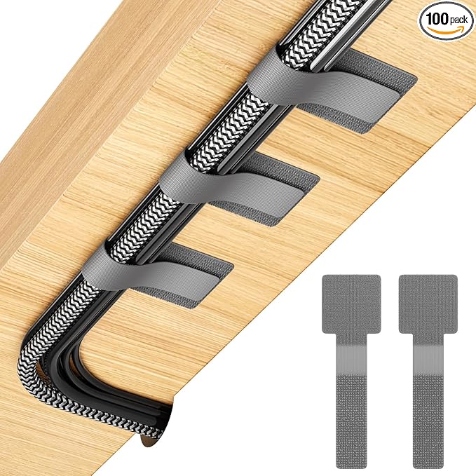 100Pcs per Pack，Hook and Loop Cable Ties, Self Adhesive Cable Straps, Reusable Adjustable Cord Organizer for Desk, Under Desk Cable Management, Home & Office Essentials, Grey