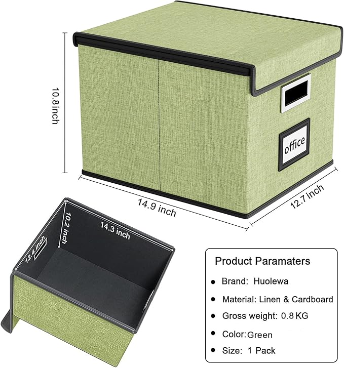Huolewa File Organizer Box with Lid, Collapsible File Folder Organizer for Office Document Storage, Filing Box with Plastic Slide for Letter Size Hanging File Folders(1 Pack, Green)