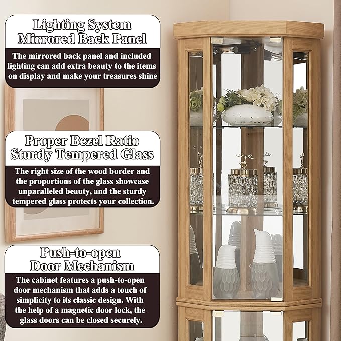 69" H Lighted Curio Cabinet Corner Display Case,Corner Glass Cabinets with Tempered Glass Door and Adjustable Shelves,Wooden Curio Cabinet with Mirrored Back Pane (Style 2 - Light Oak)