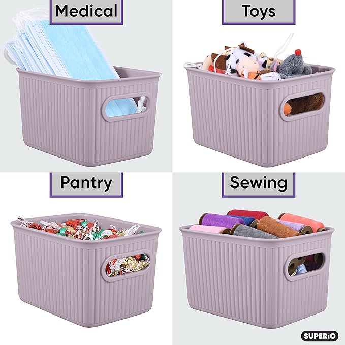 Superio Decorative Plastic Basket Open Home Storage Bins Organizer Baskets, Small, Lilac (8 Pack) Container Boxes for Organizing Closet Storage Bins for Shelves Drawer Shelf, 1.5 Liter