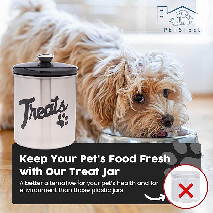Stainless Steel Dog Treat Jar with Airtight Lids – Holds Up to 2 lbs – Pet Food Storage Bin for Dog & Cat Treats – Decorative & Durable Canister