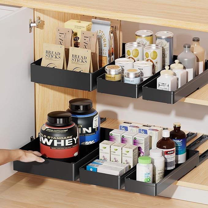 Delamu 3 Pack Pull Out Cabinet Organizer, 15.7" Deep Pull Out Drawers for Cabinets, Slide Out Drawers for Kitchen Cabinets, Bathroom Cabinet Organizer, Pantry (Black)