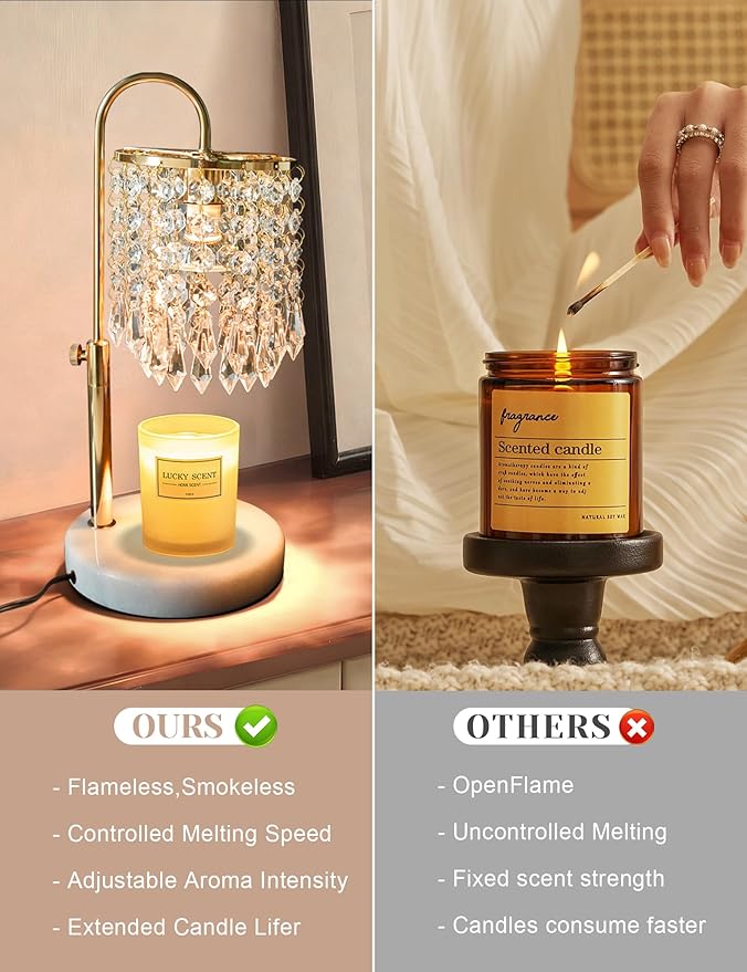 Candle Warmer Lamp with Timer Dimmable, Birthday Gifts for Women, Wax Melt Warmer for House Warming Gifts New Home Decor, Adjustable Height Crystal Candle Lamp for Jar Candles with 3 Bulbs, Gold