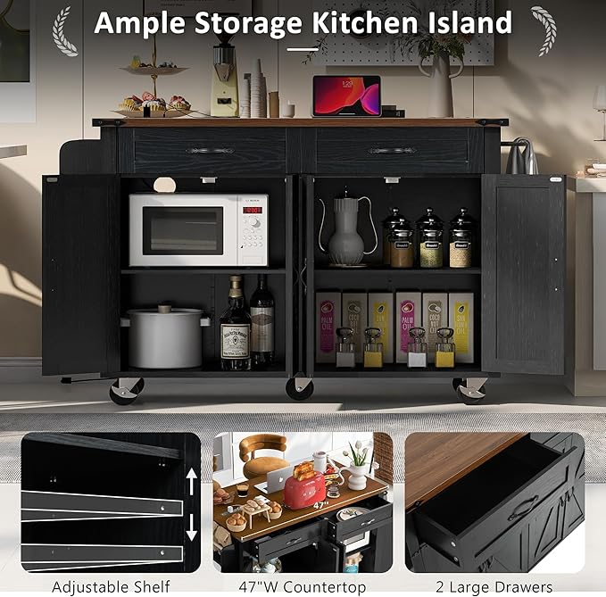 Amposei Farmhouse Rolling Kitchen Island with Power Outlet, Drop Leaf Breakfast Bar, Wooden Mobile Storage Island Cart on Wheels with Drawers, Spice Rack for Kitchen Dining Room (Black)