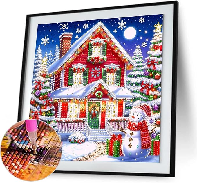 5D Snowman Xmas House Special Shape Diamond Art Kits for Beginners, Christmas Winter Theme Diamonds Painting Kits for Adults,DIY Crystal Rhinestones Diamond Paintings for Home Wall Decor 12×12Inch