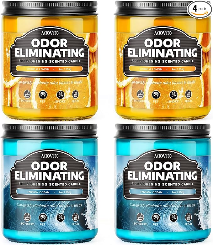 AOOVOO 4 Pack Citrus Lemon/Fantasy Ocean Odor Eliminating Highly Fragranced Candle - Eliminates 95% of Pet, Smoke, Food, and Other Smells Quickly, Non Toxic Air Freshing Soy Candle