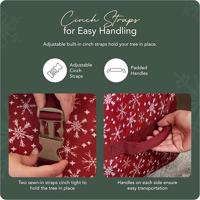 Covermates Keepsakes Christmas Tree Cinch Bag – Durable Polyester Tree Storage with Reinforced Handles & Built-in Cinch Straps – Trees, Lights & Holiday Décor, Red Snowflake