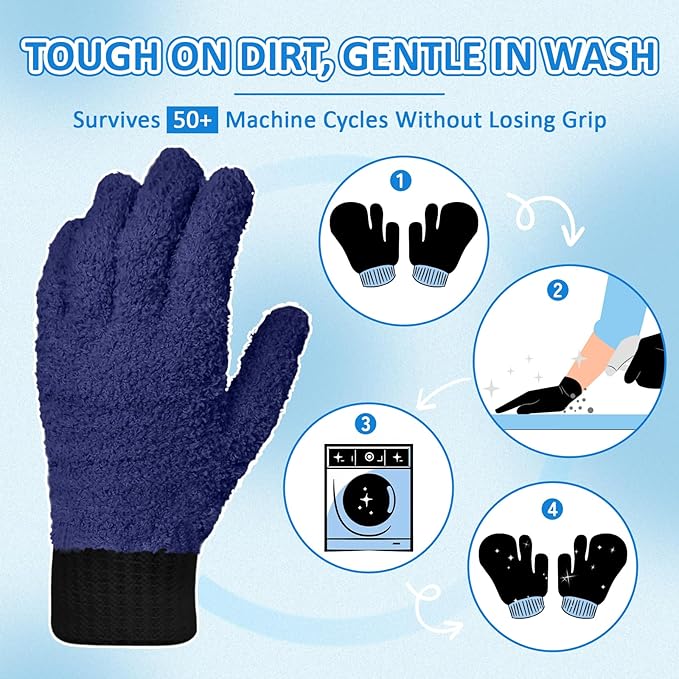 MIG4U Microfiber Gloves - Dusting Gloves for House Cleaning - Washable Blind Cleaner Duster Tool (Navy,S/M)