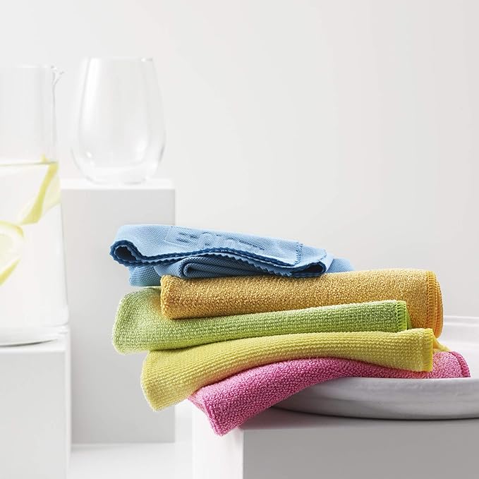 E-Cloth 5-pc Starter Pack- Microfiber Cleaning Cloth Set with Reusable Cleaning Cloth and Glass Polishing Cloth, Assorted Color Microfiber Cleaner for Bathroom, Kitchen, and Car - 1 Pack