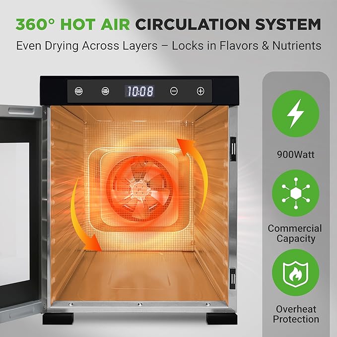 NutriChef Electric Countertop Food Dehydrator-900-Watt Premium Multi-Tier: Save Time v. 600W. Make Jerky, Dried Fruit/Veggies, Dog Treats, Yogurt, 10 Stainless Steel Trays, Digital Timer, Temp Control